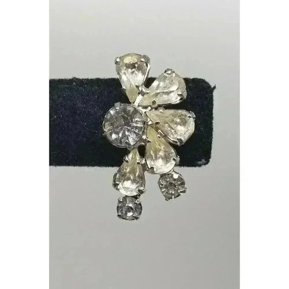 Vintage Earrings Clear Rhinestone Clip Clear Half Flower Star Bride Statement - Picture 4 of 10